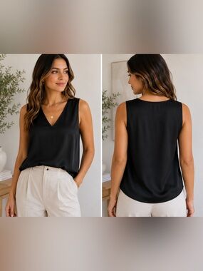 Nine West Black Satin V-Neck Sleeveless Blouse Tank Top Size L